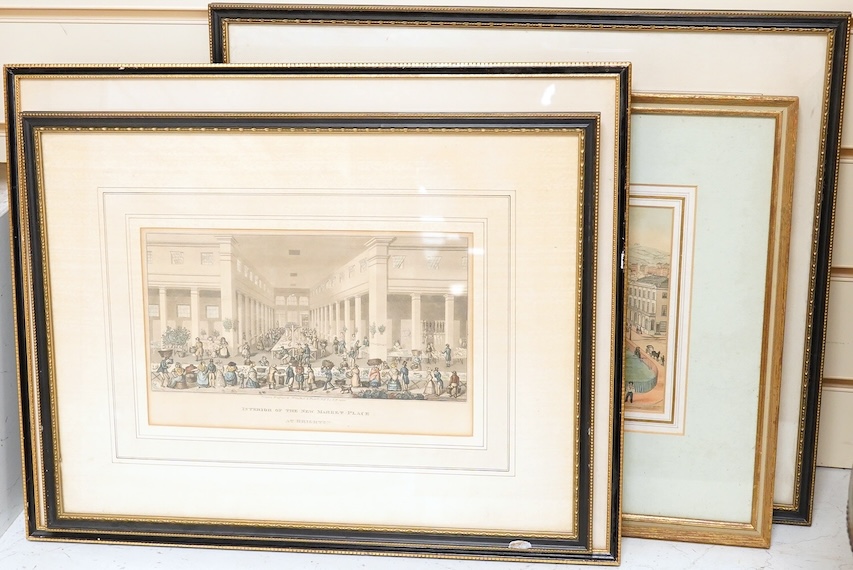 A collection of Brighton interest prints, 19th century and later to include: the Interior of The Newmarket Place, The Parish Church, Brighton and Brighton Town Hall and Market, largest 20 x 30cm, each framed
